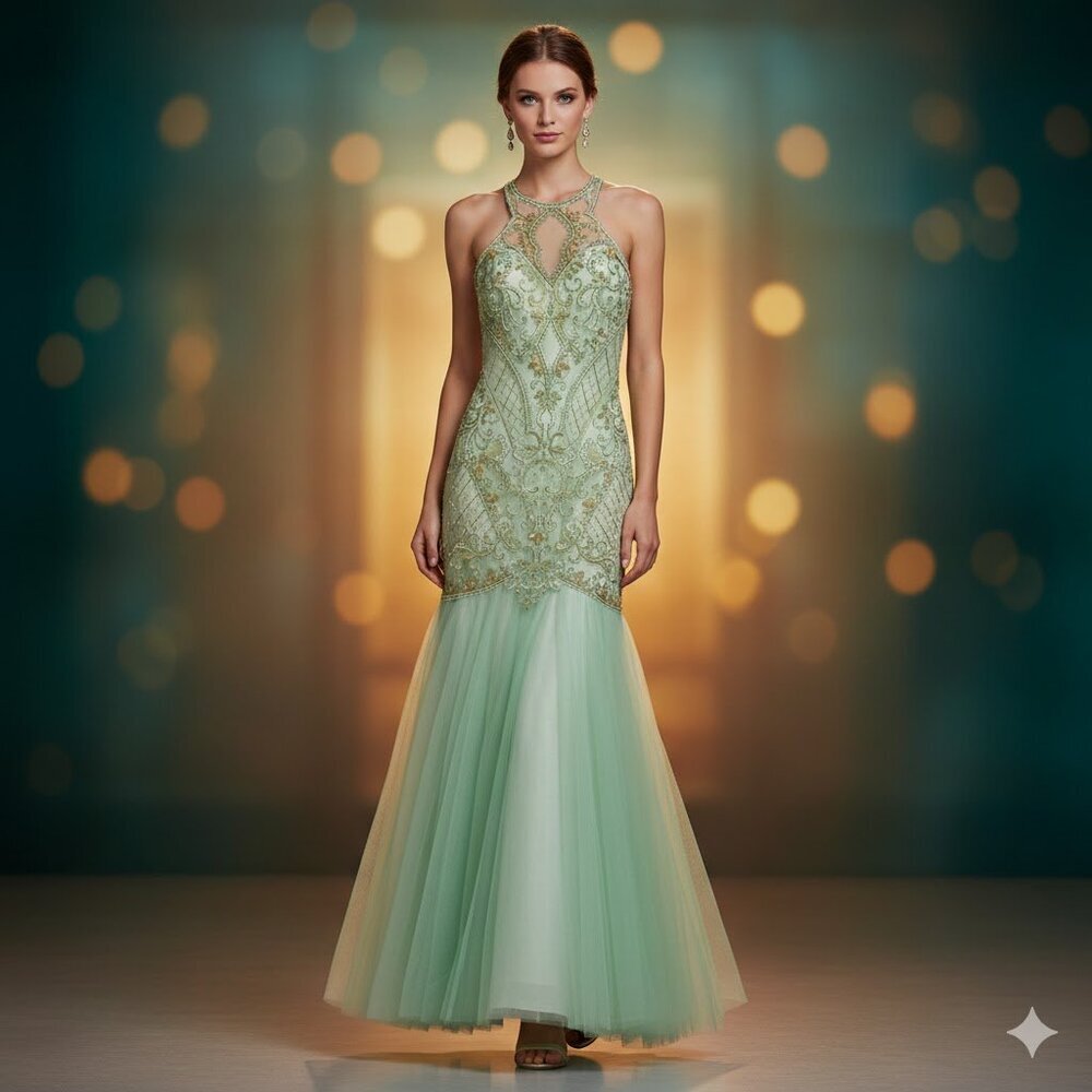 Lucci Lu Beaded Tulle Grad Prom Dress 2100 Pistachio